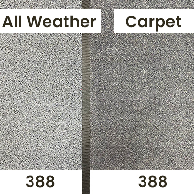 An indoor lighting comparison of a personalised carpet textile vs all weather doormat in "Grey 388".