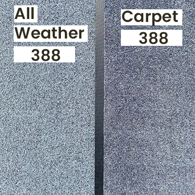An outdoor lighting comparison of a personalised carpet textile vs all weather doormat in "Grey 388".