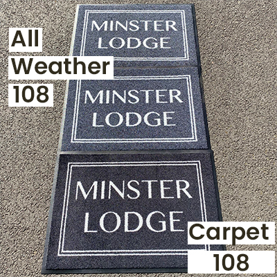 An outdoor lighting comparison of a personalised carpet textile vs all weather doormats (outdoor with holes and indoor without holes), all in "Black 108". 